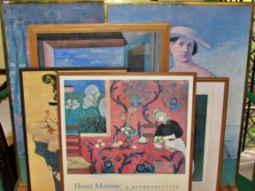 Six framed posters and prints to include: 'Henry Matisse - A Retrospective' at The Museum of
