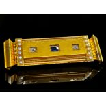 Victorian yellow metal mourning brooch set with pearls, two diamonds and a sapphire, inscribed verso
