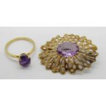 1960s 9ct amethyst brooch with pierced frame, 7.1g and a yellow metal amethyst solitaire ring size