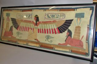 Three framed works, to include: 1920s Egyptian style cloth panel, depicting mythical figures and