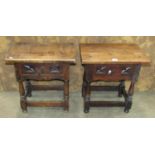 A pair of low stained beechwood bedside tables each fitted with a frieze drawer with carved detail