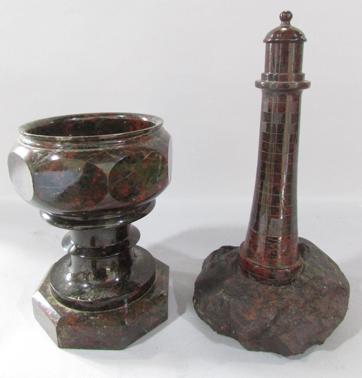 A Cornish Serpentine marble lighthouse 26cm high, a Cornish Serpentine marble font 17cm high, - Image 2 of 5