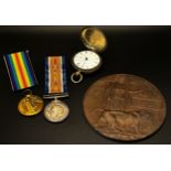 A WWI death plaque - William Richards, in original wrapping, 1914-18 War and Victory medals with