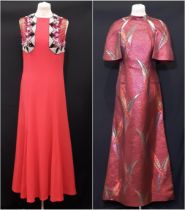 Two 1970's striking evening dresses comprising a sleeveless dress in strawberry pink crepe with