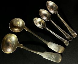 A mixed selection of mostly late Georgian and Victorian silver flatware, 7 spoons, one mustard