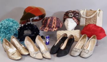 A collection 1960's-70's hats, bags and shoes including the following: 60's dark blue chicken