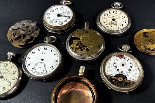 A large collection of Swiss and other wristwatch elements to include dials, cases and backs, fob /