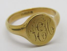 18ct signet ring with engraved initials, maker 'W.W&S', Birmingham 1929, size Y, 9.9g