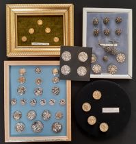 A collection of silver buttons including 19th and early 20th century English pictorial and coin type