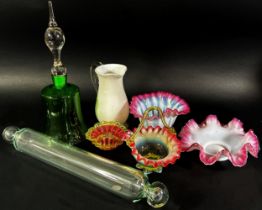 A miscellaneous collection of glassware, including four Victorian ruffle glass dishes, a glass