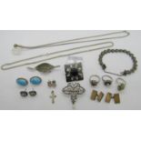 Collection of silver and white metal jewellery to include a Belle Epoque style brooch set with