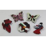 Group of five Lea Stein style costume jewellery brooches to include a flamenco dancer, Native