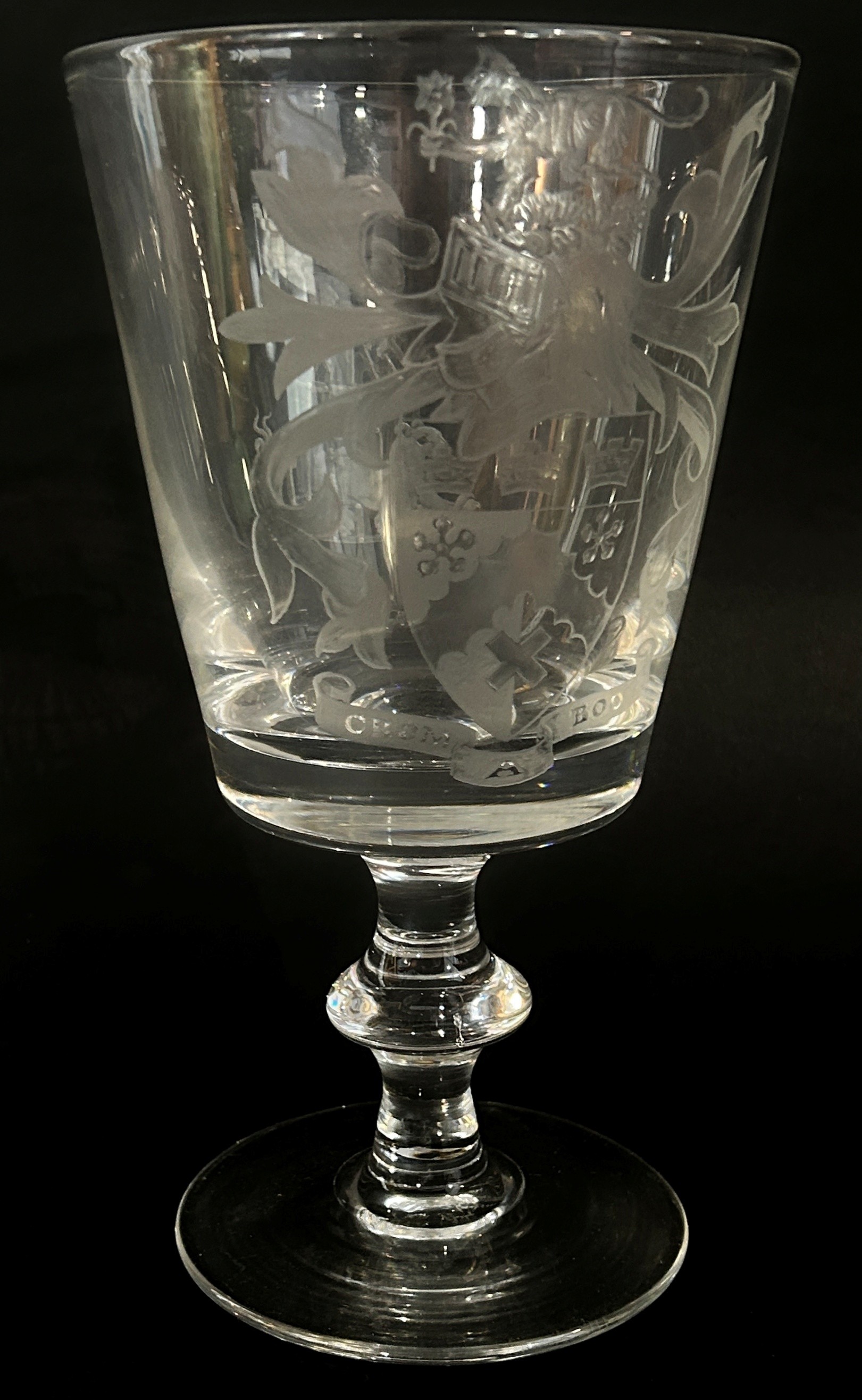 A Crested Armorial glass, with Norman Heritage bearing the War Cry ...