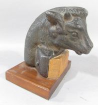 A unusual bronze study of a bull’s head and neck, on a wooden plinth base, 15cm high (combined)