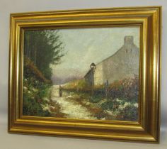 19th Century European School - Village path view with figure by a house in thick impasto,