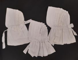 3 Victorian white cotton ladies bonnets with piped cording and frill decoration (3)