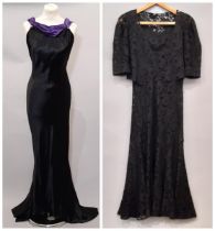 Two 1930's dresses comprising a 3-piece evening dress in black lace with shaped panelled skirt, silk