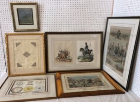 Six framed works to include: Early 20th century pulled thread work, inscribed 'Made in St. Helena by