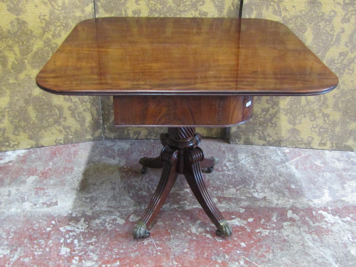 A Regency mahogany D end tea table the swivel top raised on a cylindrical spiral column stem and - Image 3 of 7