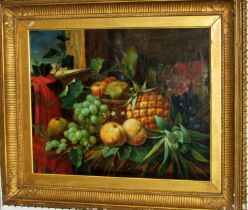 19th Century Dutch School - A pair of still life paintings depicting fruit, flowers, a wine jug