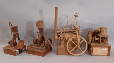 4 scratch-built wooden models of early steam engines including a single piston horizontal engine