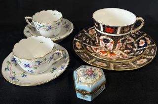 A pair of Doulton Lambeth vases, a Crown Derby Imari pattern trio, A pair of Herend cups and