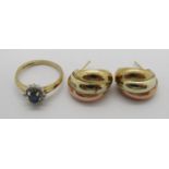 9ct sapphire and diamond cluster ring, size K/L and a pair of 9ct tri-colour earrings, 3.6g total (