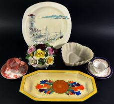 Clarice Cliff crocus pattern sandwich plate and one other, Celtic pottery vase, Midwinter Riviera