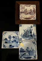 Three blue and white delft tiles showing a galleon and a shepherd and shepherdess, two manganese