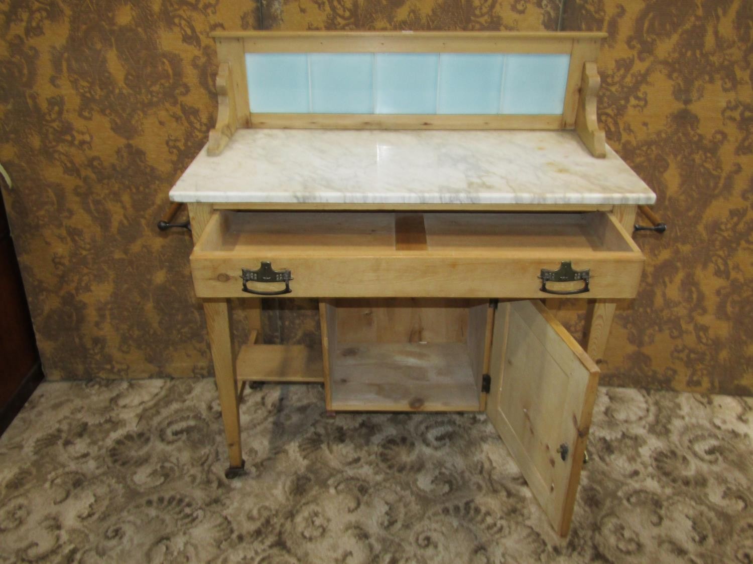 An Edwardian stripped pine marble top washstand with tiled splashback over a frieze drawer and - Image 2 of 4