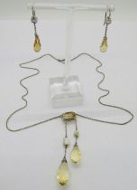 800 silver citrine and baroque pearl negligee necklace and a matched pair of briolette-cut citrine