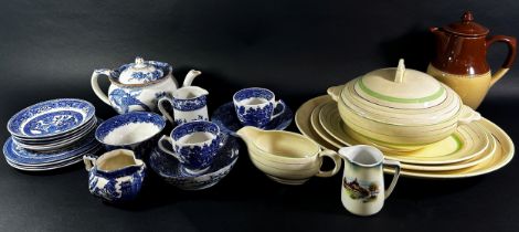 A group of china items to include Clarice Cliff banded table ware in a green and gilt colourway