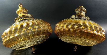 A pair of Vintage Amber Glass Ceiling Lights, with gold fittings, 35cm diam approx