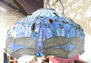 A Tiffany style leaded blue and green dragonfly ceiling lampshade, 46cm diam.