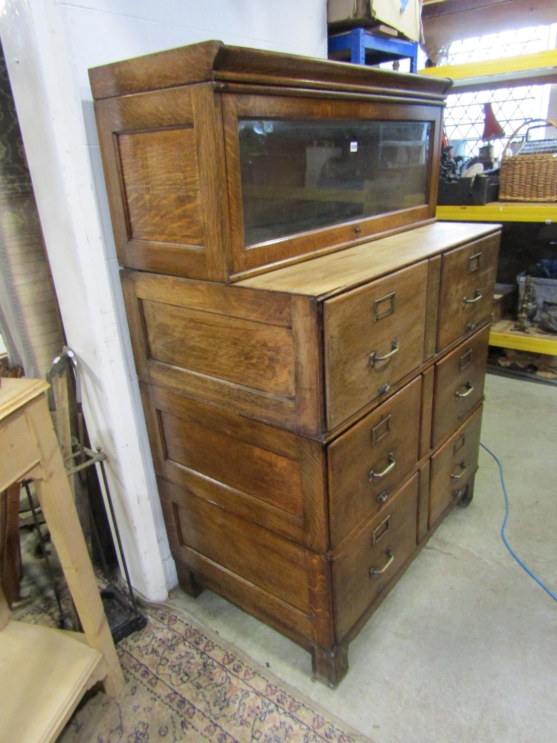 A Shaw Walker vintage oak sectional office cabinet fitted with a side-by-side arrangement of six