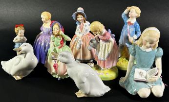 A collection of Royal Doulton figures including Alice, Mary Mary, and others together with two Nao