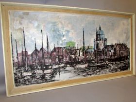 Paul Mann - Harbour View, signed lower right, oil on board, 43 x 89 cm, framed