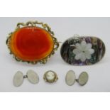 Small group of jewellery including a large Victorian polished carnelian brooch with scrolled gilt