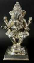 An Indian silver figure of the deity Ganesha with his Vahana, a rat sat in front, raised on a square