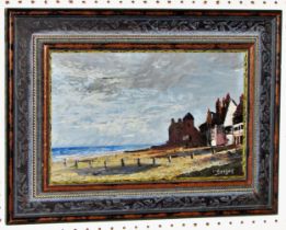Charles Evison (British, 20th century) - View of a town by the coast, oil on board, signed lower
