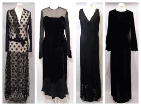 4 black 1930's evening dresses; one full length black velvet with shaped bodice and full sleeves