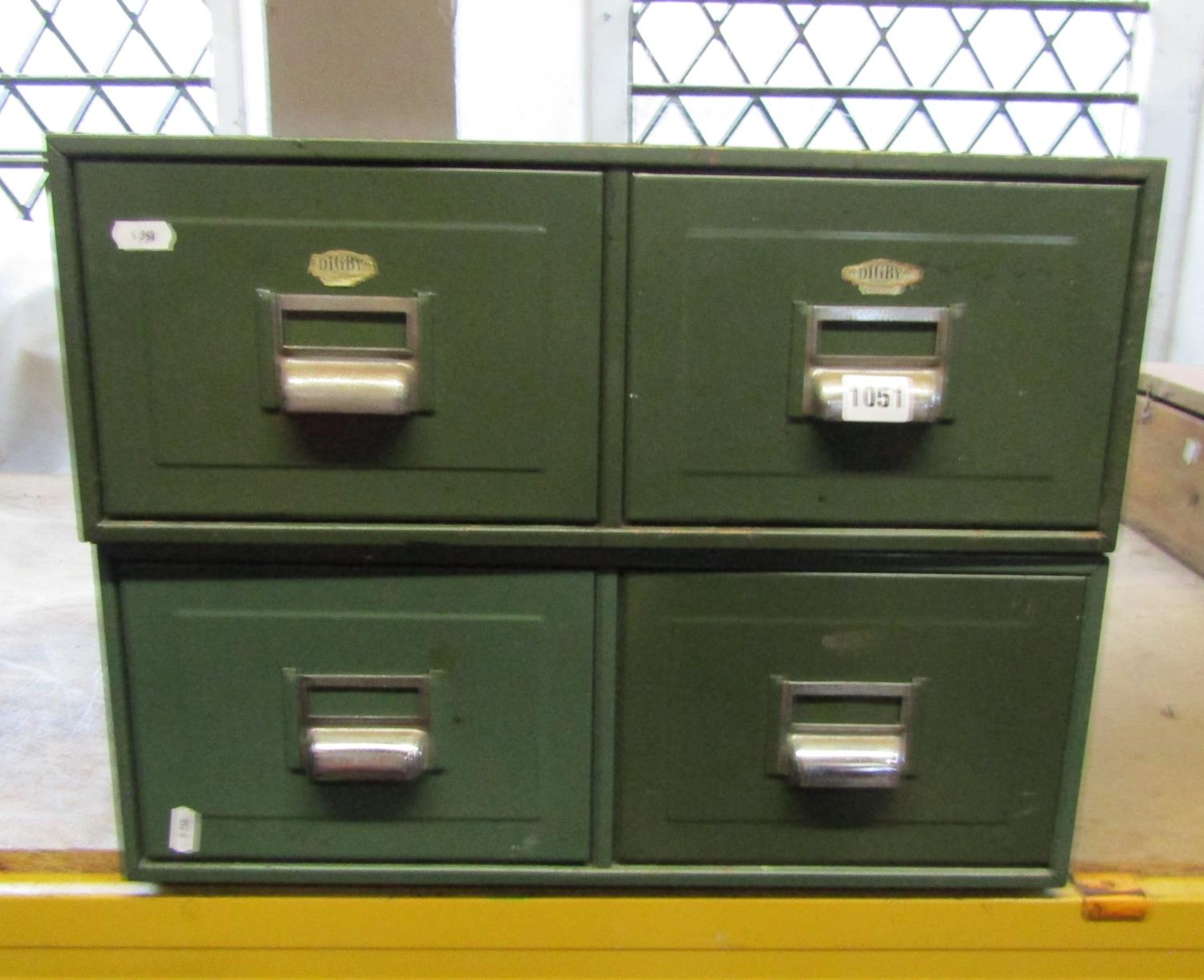 Two vintage green painted steel index filing cabinets
