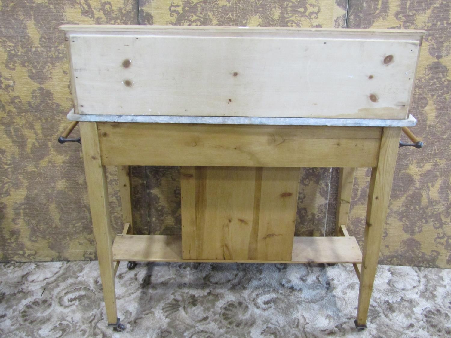 An Edwardian stripped pine marble top washstand with tiled splashback over a frieze drawer and - Image 4 of 4