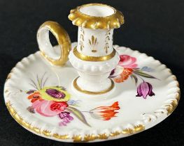 A miniature Coalport chamberstick with gadrooned border and hand painted floral panels, c.1830,