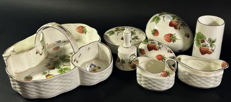 A collection of Coalport Strawberry pattern jam/cream set, two egg boxes, small bud vase