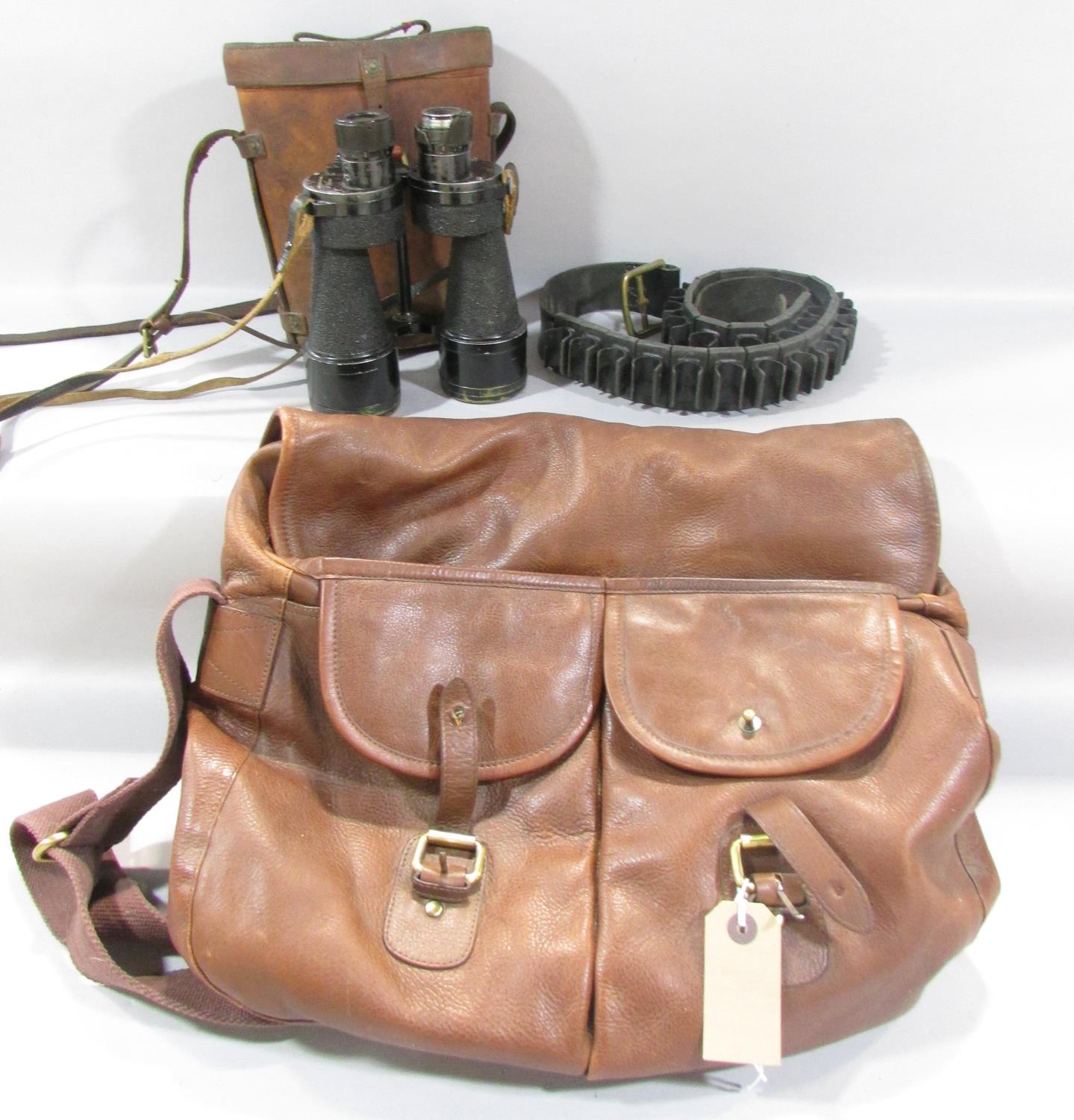 A pair of vintage binoculars and leather case, together with a leather shoulder bag and a