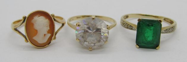 Three 9ct dress rings to include a green paste and diamond example, size P/Q and a cameo example,