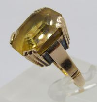 Vintage yellow metal octagonal-cut citrine dress ring, size P, 6.7g