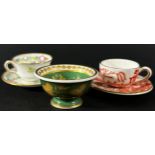 A miniature Minton cup and saucer with floral garlands, further miniature Coalport ironstone red