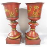 A pair of Regency style toleware jardiniere stands with chinoiserie style decoration, 43cm high